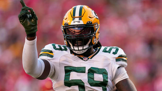 Packers inside linebacker De’Vondre Campbell (59) reacts after making a play against the Chiefs.